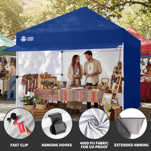 CROWN SHADES 10x10 Commercial Pop Up Canopy Tent with 4 Removable Sidewalls, 1 Extended Awning, 2 4" Wheels, 4 Sandbags, 4 Adjustable Heights for Outdoor Events, Parties, Blue - color: Blue