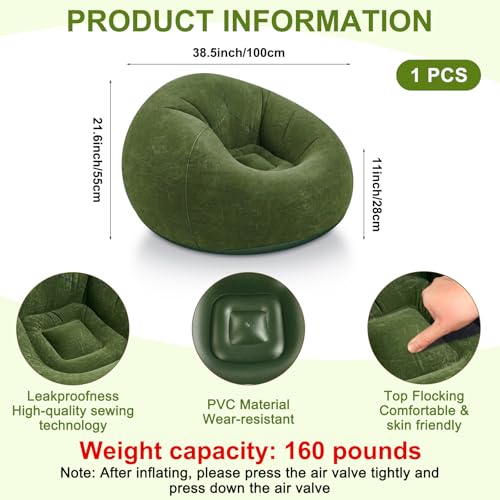 Realspring Inflatable Bean Bag Chairs for Adult Blow up Chairs Lazy Sofa Folding Portable Inflatable Chair for Movie Outdoor Room Bedroom Reading Camping(Dark Green) - color: Dark Green