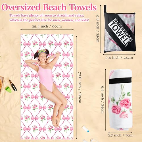 Pink Bow Oversized Beach Towel - Flower Double-sided Thin Microfiber Lightweight Pool Towel 71"x35" Quick Dry Towel Sand Free Blanket for Bath Sport Travel Beach Swimming Camping for Girl Women - color: Pink, White, style: Rose Bow