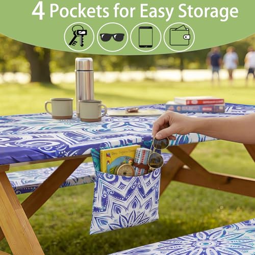 Fitted Waterproof Picnic Table Cover with Bench Covers Elastic Stain Resistant Camping Table clothes for 6Feet Rectangle Tables Outside Parties Necessities Gift Travel Trailers Trips Rv Things - color: Blue Mandala Flower, size: 72" x 30" (Rectangular)