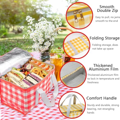 Huakaile Insulated Picnic Baskets 13.8*7.9*7.9 In with Picnic Blanket 70.9*70.9 In, Portable Waterproof Insulated Bags, Cooler Bags Beach Bags for Hot or Cold Outdoor Activity Beach Camping (Red)