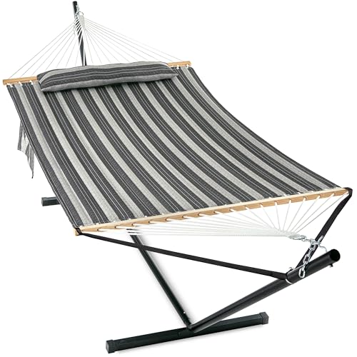 GAFETE 2 Person Hammock with Stand for Outside, Heavy Duty Steel Stand, Double 55inch Hammocks, Large Removable Pillow, Storage Bags, Max 475 lbs Capacity (Mountain Mist Gray) - color: Mountain Mist Gray