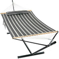 GAFETE 2 Person Hammock with Stand for Outside, Heavy Duty Steel Stand, Double 55inch Hammocks, Large Removable Pillow, Storage Bags, Max 475 lbs Capacity (Mountain Mist Gray) - color: Mountain Mist Gray