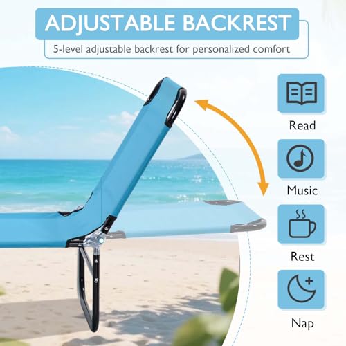 Majnesvon Outdoor Sun Tanning Chairs with 5-Level Reclining Back, Folding Chaise Lounge Pool Chairs with Steel Frame, for Beach, Yard, Patio(Blue 3) - color: Blue 3
