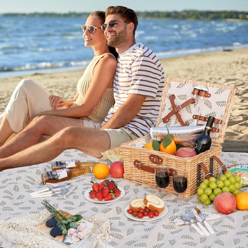 HappyPicnic Picnic Basket Set for 2 - Wicker Picnic Basket with Waterproof Blanket & Insulated Liner, Large Handmade Willow Hamper with Cutlery Kit for Outdoor, Picnic, Camping, Party, Holidays (Leaf) - color: Leaf