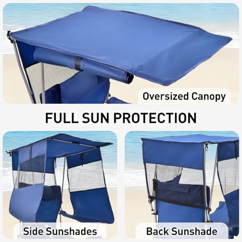 East Oak Reclining Camping Chair with Canopy & Foot Rest | 4-Position Folding Beach Chair with Adjustable Canopy, Detachable Foot Rest, Supportive Headrest, 330 lbs Canopy Chair - color: Blue, style: Reclining Chair