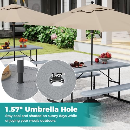 Giantex Picnic Table Bench Set for 4 People, 4.5FT Outdoor Rectangular Dining Table & 2 Benches w/Umbrella Hole, HDPE Tabletop, Metal Frame, Patio Garden Backyard Poolside (4.5FT,Non-Foldable,Gray) - color: Grey, size: Rectangle-54"x28"x30"