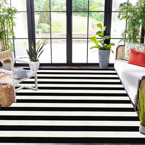 LEEVAN Outdoor Rug 5x7 Black and White Striped Patio Mat, Washable Farmhouse Front Door Decor, Cotton Reversible Balcony Rug, Foldable for Layered Porch - color: Black and White Stripes, size: 5' x 6'6" (Rectangular)