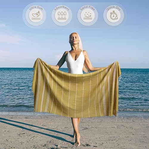 Ossano Turkish Beach Towel Quick Dry & Soft Oversized (39" x 71") - Compact, Versatile and Functional as Yoga Mat, Picnic and Travel Blanket, Cruise and Bath Towels - Mustard - color: Mustard