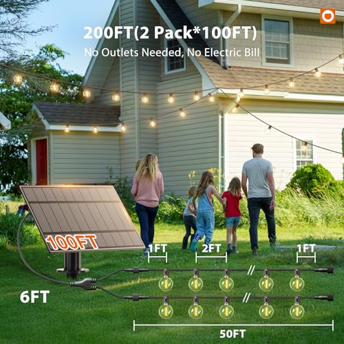 addlon 200FT(2 Pack*100FT) Solar String Lights Outdoor Waterproof with Remote, Dimmable Commercial Grade Solar Powered String Lights with 108 LED Bulbs, Hanging Light for Backyard Party Decor - size: 200ft