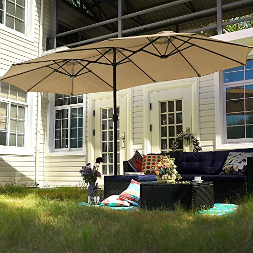 PHI VILLA 15FT Patio Umbrella with Base, Large Double-Sided Outdoor Market Umbrella with Crank Lift, UV-Resistant Canopy for Poolside, Garden, Deck, Backyard, Khaki - color: Khaki