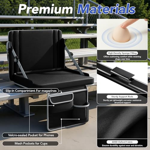 Stadium Seats with Back Support 1PACK Adjustable Bleacher Chairs with Back and Cushion Bleacher Seat with Cup Holder, Carry Handle & Shoulder Strap for Outdoor Sports Events, Picnics - color: Black&grey-1pc-large