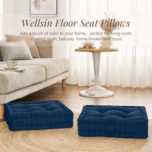 Wellsin Square Floor Pillows for Adults Kids - Meditation Floor Pillow Seating Cushion - Tufted Floor Cushion with Shredded Foam & Velvet Cover, 2 Pack, 20x20 Inch, Dark Blue - color: Navy Blue, size: 2 Pack (20"x20")