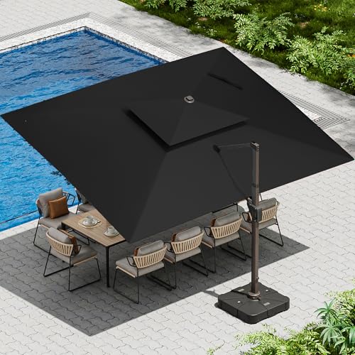 10 X 13 FT Cantilever Patio Umbrella with Led Lights and Base Included Outdoor Heavy Duty Double Top Rectangle Offset Umbrellas with 360-degree Rotation for Pool Deck Backyard, Black - color: Black, size: 10' X13'-Weighted Base Included