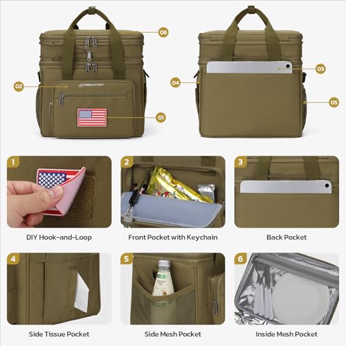 Maelstrom Lunch Box, 23L Insulated Lunch Bag, Expandable Double Deck Cooler Bag, Lightweight Leakproof Tote Bag With Side Tissue Pocket, Suit For Men and Women (H Khaki with DIY Hook-and-Loop) - color: H Khaki with DIY Hook-and-Loop