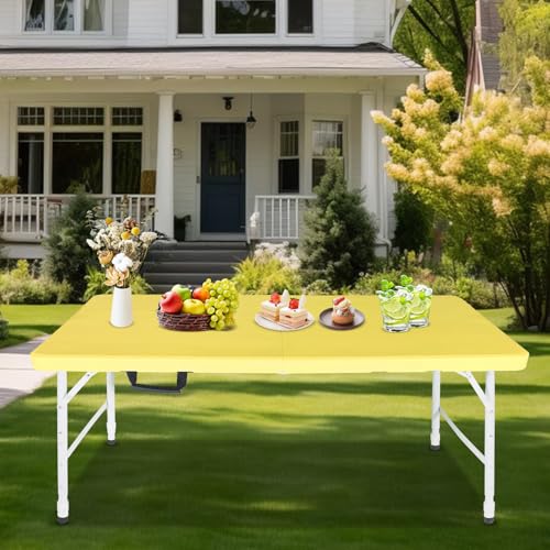 Portable Plastic Folding Table 4ft/6ft/8ft Heavy Duty White Black Picnic Dining Table Fold-in-Half for Camp Party Kitchen Indoor Outdoor - color: Light Yellow, size: 4FT, style: Flat Desktop
