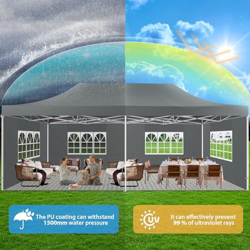 COBIZI 13x26 Heavy Duty Pop Up Canopy Tent with 6 Sidewalls Thicken Frame, Commercial Easy Up Outdoor Wedding Party Tents, All Season Waterproof Windproof with Stakes Sandbags Ropes Roller Bag, Gray - color: Gray, size: 13x26