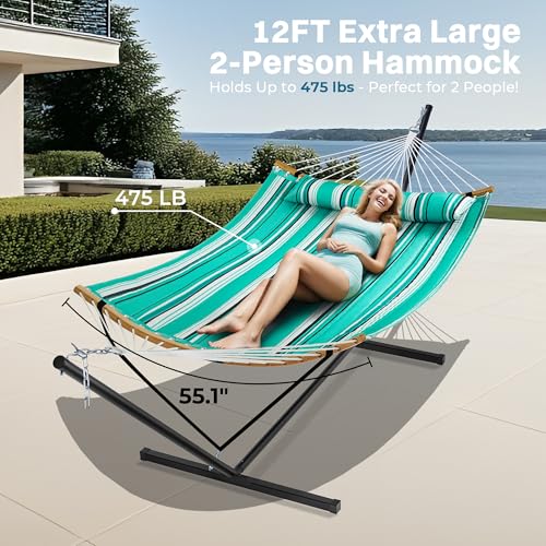SUPERJARE Hammock with Stand, 2 Person Heavy Duty Hammock with Padded Cotton, Detachable Pillow & Strong Curved-Bar & Portable Carrying Bag, Perfect for Outdoor & Indoor, Mint Green with Stripes - color: Mint Green With Stripes
