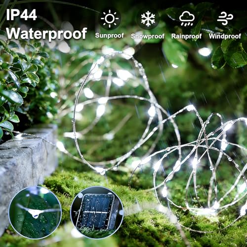 QITONG 4 Pack Solar Fairy Lights, Each 33ft 100 LED White Christmas String Light Outdoor Waterproof, 8 Modes Silver Wire Christmas Twinkle Mini Lights - color: White, size: 4Pack*100LED