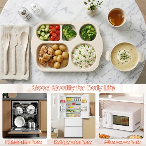 24 PCS Wheat Straw Dinnerware Set for Kids Divided Plates Bowls Cup Cutlery Sets, Reusable Tableware Set Microwave Dishwasher Safe for School Party, Camping, Home - color: Beige