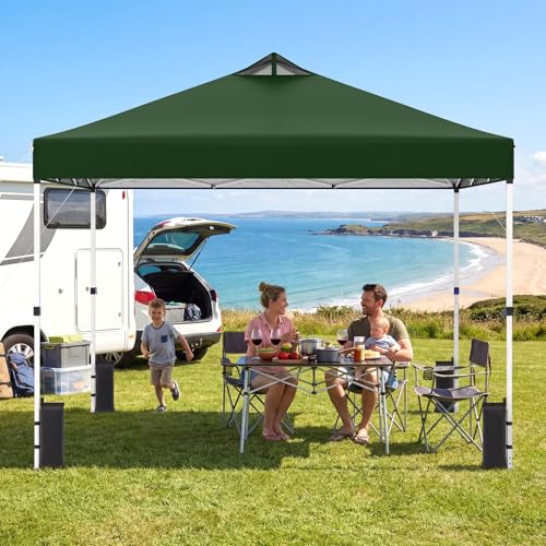 Tangkula 10 x10 Ft Pop Up Canopy with Center Lock, UPF 50+ One-Button Setup Outdoor Canopy Tent with Roller Bag, 4 Sand Bags, Heavy-Duty Steel Frame, 8 Stakes, 4 Ropes for Camping, Picnic (Green) - color: Green