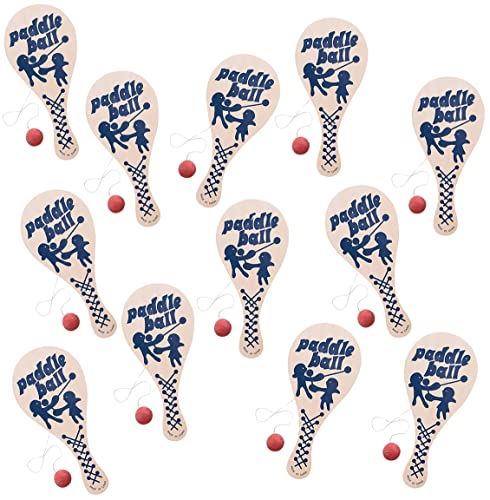 The Dreidel Company 12-Pack, 9.25 Inch Paddle Ball, Wooden Paddle Ball with String, Party Favor, Indoor and Outdoor Toy,