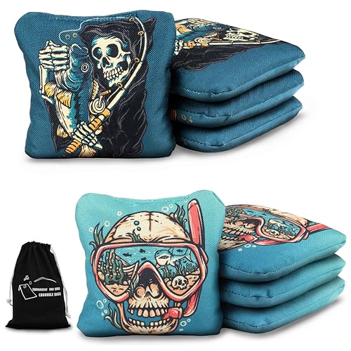 Professional Cornhole Bags Set of 8 - Dual Sided Stick & Slide (Suede/Woven) - Premium Resin Filled Regulation Weight & Size (6x6, 16oz) - Double Stitched Reinforced Seams with Carry Tote - color: Fishing & Diving