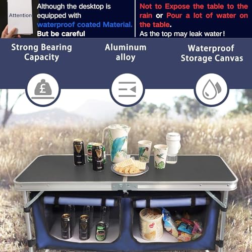 CampLand Outdoor Folding Table Aluminum Lightweight Height Adjustable with Storage Organizer for BBQ, Party, Camping - color: Black