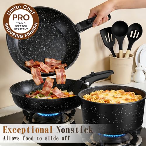 Umite Chef 21Pcs Pots and Pans Set Non Stick, Nonstick Cookware Sets Detachable Handle, Non Toxic Induction RV Kitchen Cooking Set, Dishwasher/Oven Safe, Fridge Safe, Space Saving(Black) - color: Black