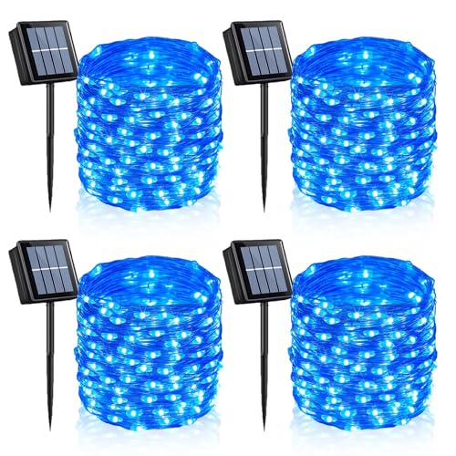 YEGUO 4 Pack Blue Solar Fairy Lights, Each 33ft 100 LED Christmas Lights Outdoor Waterproof, 8 Modes Sliver Wire Solar String Lights - color: Blue