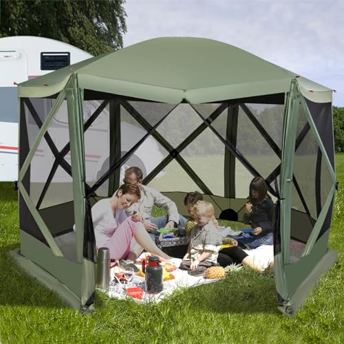 Tangkula 11.5x11.5 Ft Pop Up Gazebo with Netting, Portable Screen Tent with 6 Sided Mesh Walls, 2 Sunshade Cloths, Outdoor Instant Canopy Shelter with Carry Bag for Camping, Lawn, Backyard - color: Green, size: 11.5x11.5 Ft