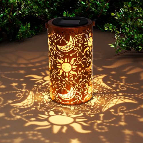 DIBIEECN Mothers Day Gifts for Mom, Birthday Gifts Grandma Ladies Solar Lanterns Outdoor Hanging Hollowed-Out Metal Waterproof LED Garden Decor Outside for Patio Yard Porch, Sun and Moon, 1 Pack - style: Star Moon