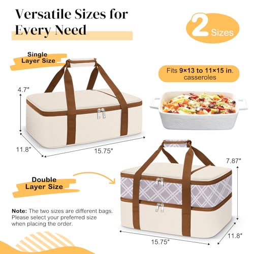 Coobiiya Insulated Casserole Carrier,Lasagna Lugger Tote Keeps Food Hot or Cold,Thermal Lunch Bag Warmer & Cooler Carrier Bag,Portable Tote Bag Fits 9" x 13" Baking Dish for Picnic and Cookout - color: Beige, size: Single Layer: 15.75 × 11.8 × 4.7 in