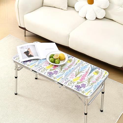 Yriuat Folding Camping Table 3ft Portable Pinic Table Adjustable Height Small Card Table Aluminum Foldable Lightweight with Carry Handle for Outdoor Indoor Hiking Camp BBQ Beach (Blooming Floral) - color: Blooming Floral, size: 35"l X 16"w X 27"h