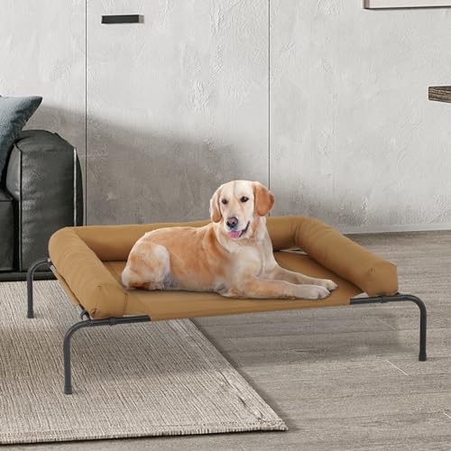 MoNiBloom Outdoor Elevated Dog Bed w/Removable Bolster, Portable Raised Outdoor Dog Bed with Stable Anti-Slip Feet & Breathable Mesh, 48 Inches Length, Light Brown - color: Light Brown, size: 48"L