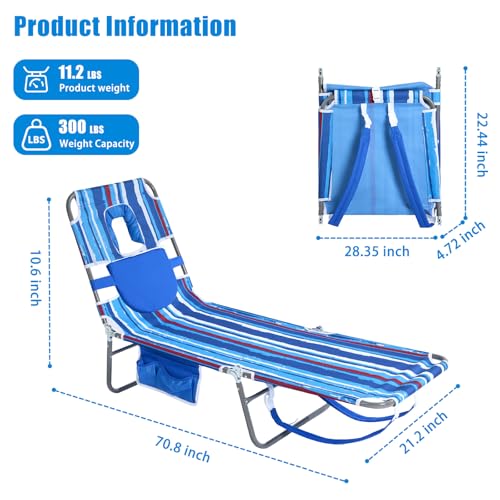 SUNNYFEEL Beach Lounge Chair, Backpack Reclining Beach Chairs Lay Flat, Sun Face Down Tanning Chair, Folding Camping Chairs Portable Camp Cot with Backpack Straps for Outdoor/Picnic/Lawn - color: Blue Stripe, size: Standard -1pcs