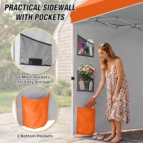 EAGLE PEAK Commercial Canopy 10x10 with Sidewall Storage, Easy OnePerson Setup Pop Up Canopy Tent with Roller Bag, Stakes, Ropes, and Weight Bags, Orange - color: Orange