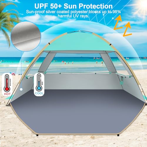 Gorich Beach Tent Sun Shelter for 3/4/6/8/10 Person with UPF 50＋ UV Protection, Lightweight & Easy Setup Beach Shade Canopy, Portable Beach Shade Tent Beach Cabana - color: Turquoise, size: 4 Person