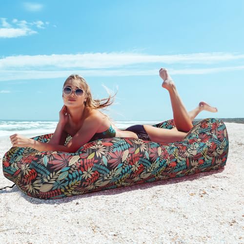 Inflatable Couch Air Lounger for Adults, Ultralight Portable Blow up Couch Air Sofa, Inflatable Beach Lounger Bed for Camping Hiking Festival Backyard Lawn, No Pump Required - color: Tropical Red