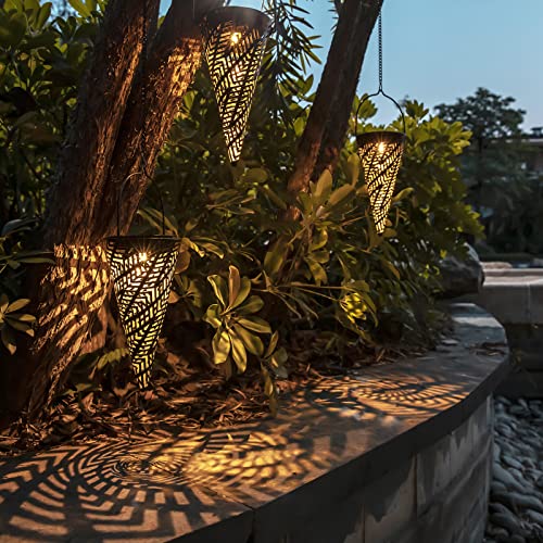 Outdoor Decorative Solar Hanging Lights with Delicate Hollow Conical Lantern Design - Set of 3 Chandelier for Patio, Tree, Garden, Yard, Porch, Backyard Pathway and Christmas Decoration.