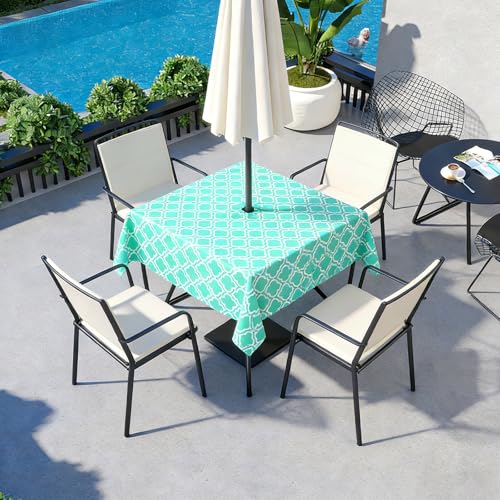 Poise3EHome Square Outdoor Tablecloth with Umbrella Hole and Zipper,Aqua Blue 60x60 Inch,Polyester SpillProof Washable Table Cloth for Spring Summer Patio Garden Poolside Picnic Camping BBQS - color: Aqua Blue, size: 60" x 60" (Square)