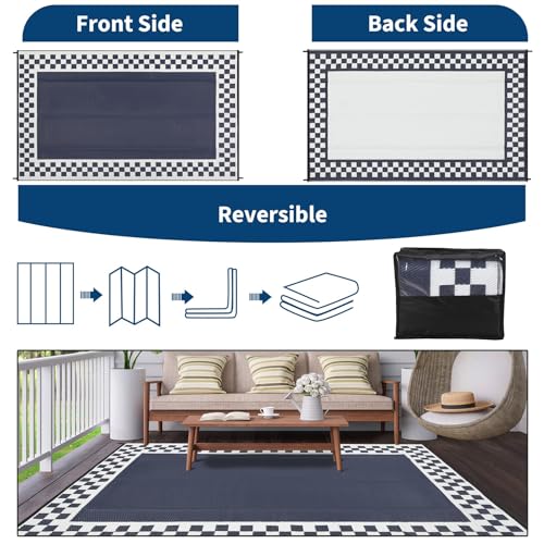 10x14 Large Outdoor Rug Waterproof Weather Resistant Patio Rug with Stakes & Carry Bag, Reversible Plastic Straw Modern Outdoor Carpet for Garden Backyard Balcony RV Mat Blue White - color: Border1|blue White, size: 10' x 14' (Rectangular)