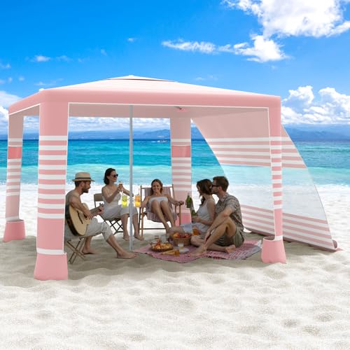 MoKo Beach Cabana, 8'×8' Large Beach Canopy with Side Wall, UPF 50+ Protection Easy Setup Beach Tent Sun Shelter, Adjustable Height Wind Resistant Cabana Beach Tent for Whole Family, Pink Stripe - color: Pink Stripe