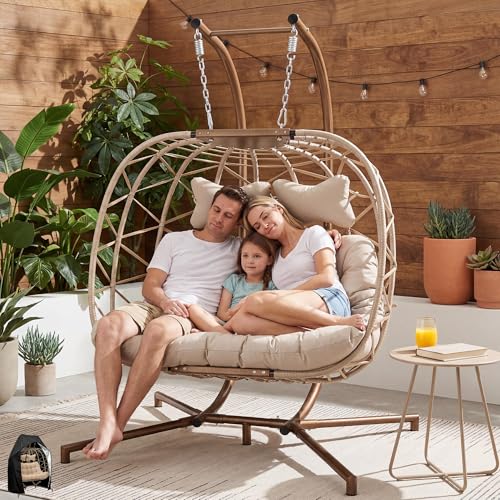 BLUEXYARD Outdoor Double Egg Swing Chair with Cover and Stand, 2 Person Sturdy Hanging Wicker Hammock Chair, Comfy Patio Loveseat with Cushion for Porch Balcony Bedroom Backyard, Beige - color: Beige/Beige, size: 2 Seats with Cover