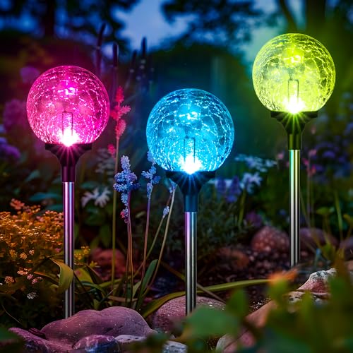 GIGALUMI Solar Garden Lights 3 Pack, Solar Lights Outdoor Decorative Waterproof, Outdoor Solar Lights for Yard Decorations, Multi-Colored Changing Garden Globe Cracked Glass Ball with LED Lights - size: 3pack