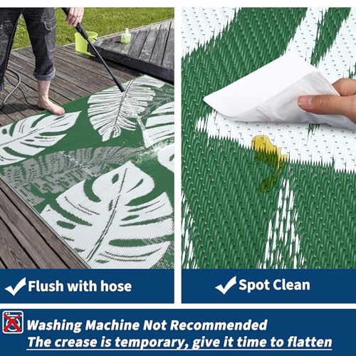 Outdoor Rug Washable 8x10 ft, Reversible Plastic Straw Mat, Patio Rug with 4 Stakes, Outside Quick Dry Carpet, for RV, Camper, Deck, Balcony, Porch, Beach, Picnic - Green and White - color: Green & White, size: 10' x 8' (Rectangular)