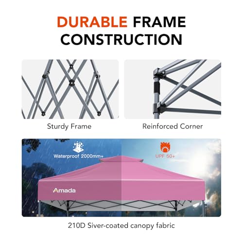 Amada 10x10 Pop Up Canopy Tent, 1-Button Push Easy-up Outdoor Canopy Beach Tent with 3-Height Adjustable Waterproof Shade Shelter, Wheeled STO-N-Go Bag 8 Stakes, 4 SandBags (Pink) - color: Pink, size: 10x10ft