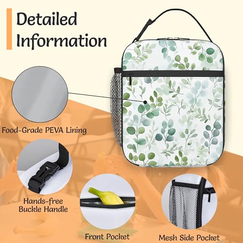 Insulated Small Lunch Box,Eucalyptus Leaves Reusable Lunch Bag for Kids Adult Women,Watercolor Green Leaf Large Capacity Portable Thermal Bag with Mutiple Pockets for School,Work,Picnic - color: Eucalyptus Leaves