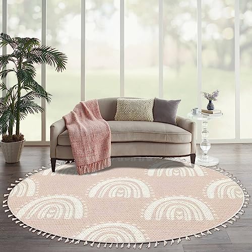 Round Boho Rug Kids Hand Drawn Seamless with Pink Pastel Rainbows Summer for Baby Area Rug Linen Rug Carpet Patio Rug Hallway Runner Rug Mat Pad Minimalist Home Decor for Living Room Outdoor 6ft - color: Multi3, size: 6 ft