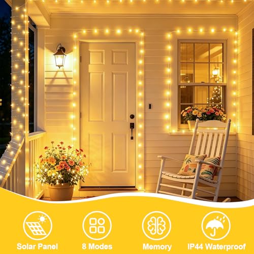 YEGUO 4 Pack Warm White Solar Fairy Lights, Each 33ft 100 LED Christmas Lights Outdoor Waterproof, 8 Modes Sliver Wire Solar String Lights - color: Warm White